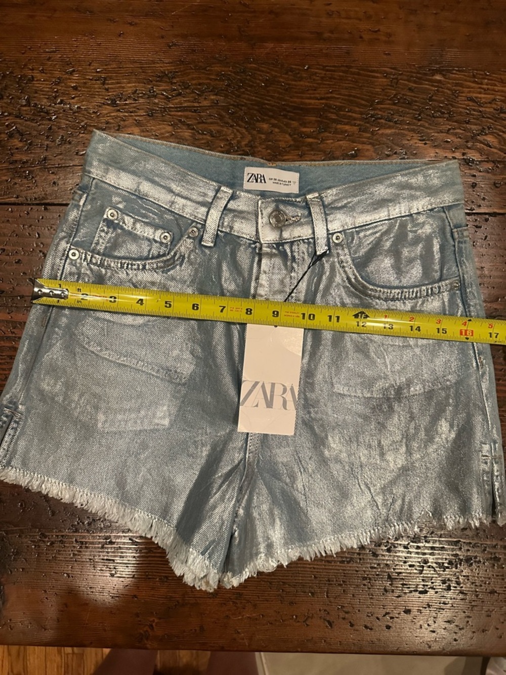 Zara Silver-Blue Metallic High-Waist Denim Shorts - Picture 9 of 9